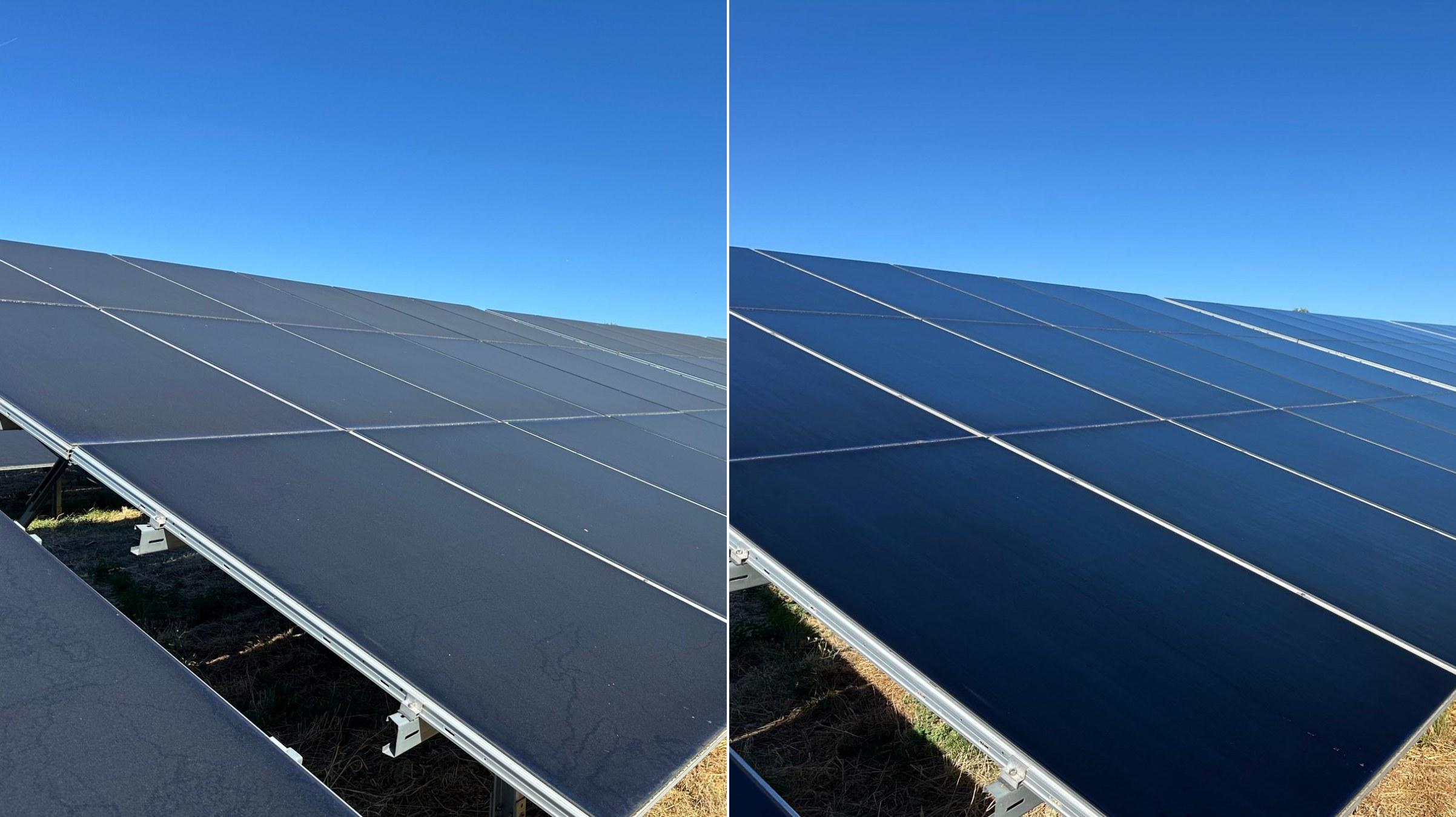 Avant et après nettoyage des modules de la centrale photovoltaïque au sol du Fossat