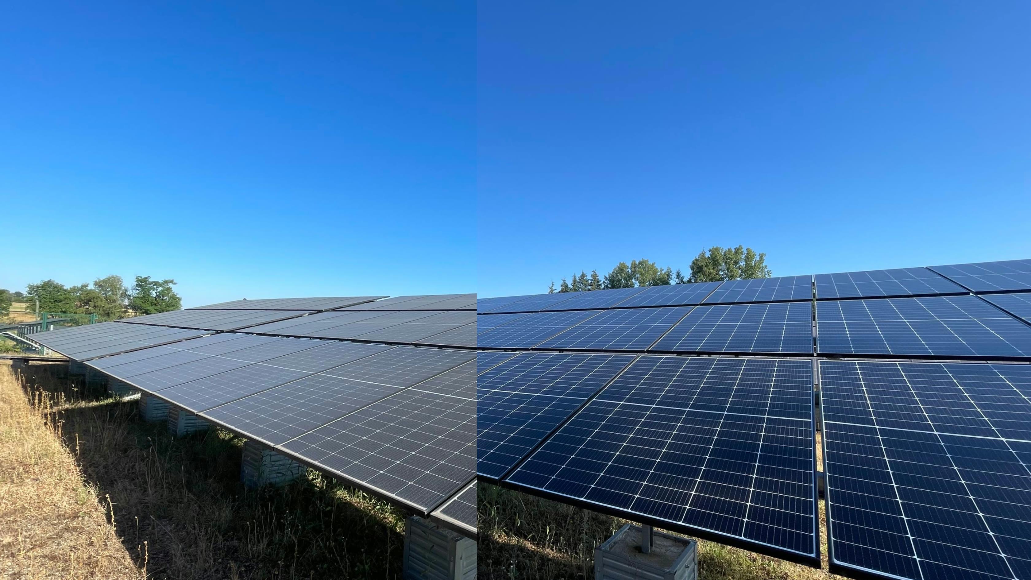 Avant et après nettoyage de la centrale photovoltaïque au sol de Montchanin
