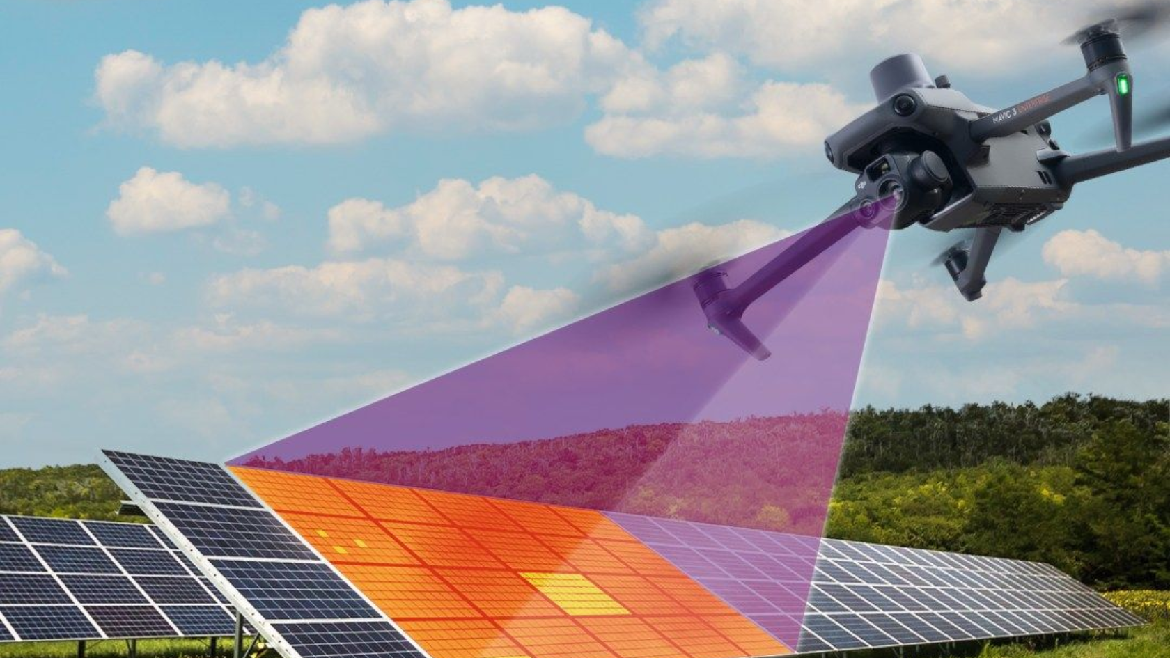 Illustration d'un drone réalisant une thermographie de panneaux photovoltaïques